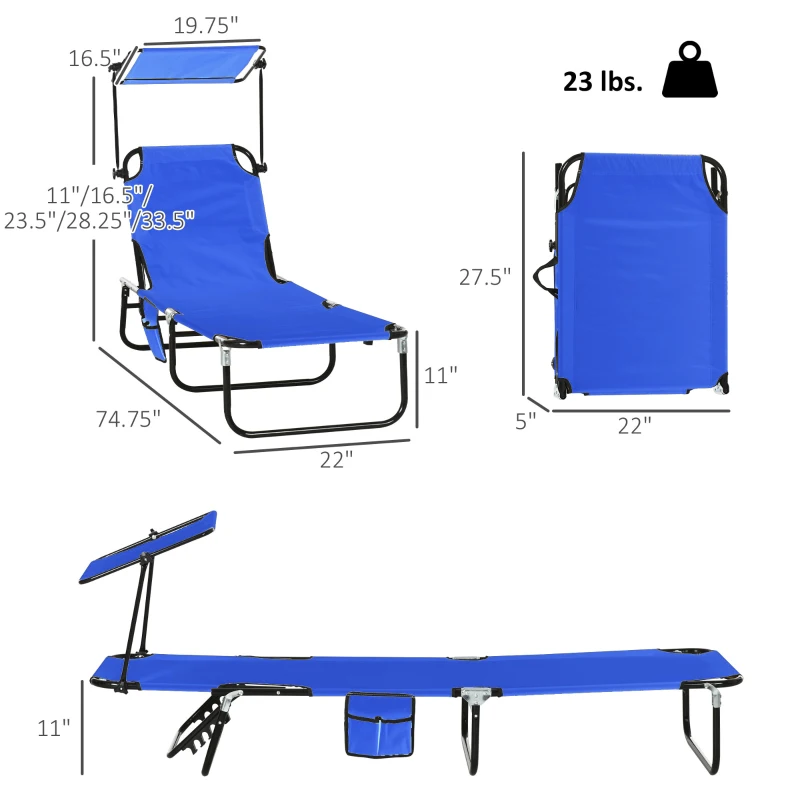 Outsunny Pool Chaise Lounge Chairs Set of 2, Folding Lounge Chairs with Sunshade, Reclining Back, Steel Frame, Blue