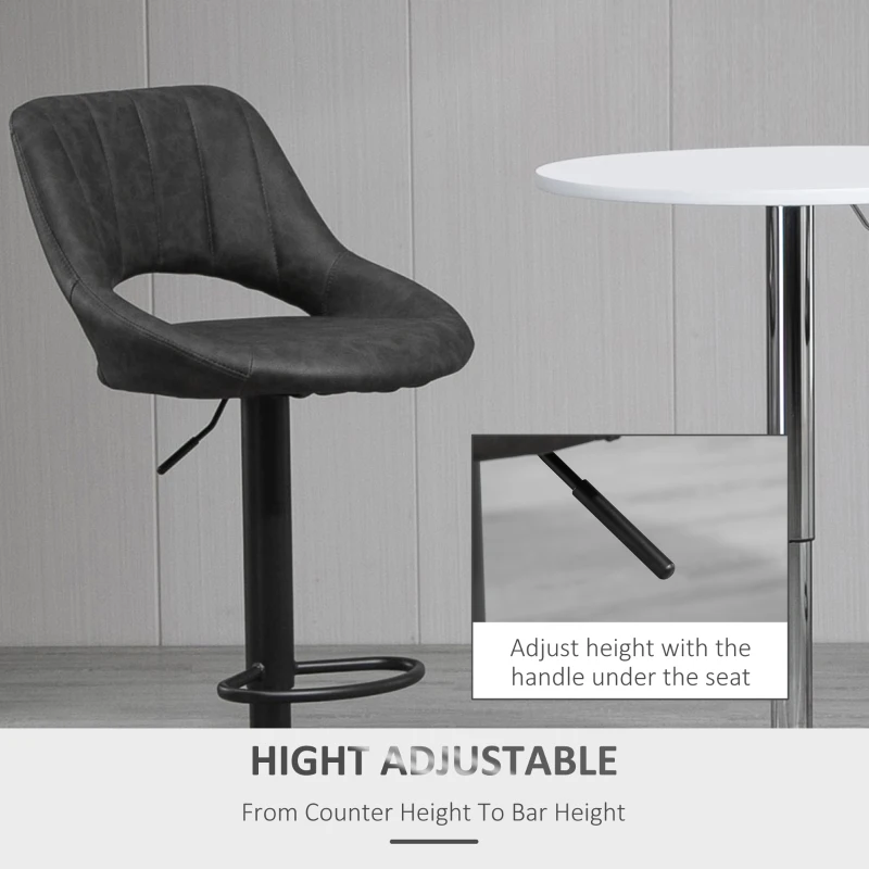 HOMCOM  Set of 2 Adjustable Bar Stools with PU Upholstered Back, Footrest, Round Base for Kitchen, Dining Room, Grey