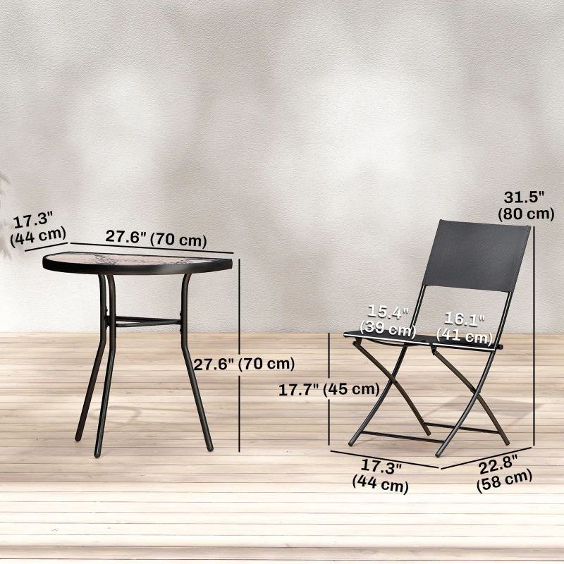 Outsunny Outdoor Bistro Set, 3 Piece Patio Furniture Set with Folding Chairs, Semi-Circle Glass Top Table, Black