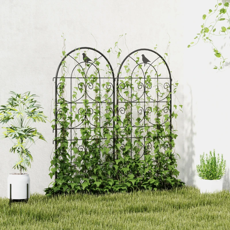 Outsunny Set of 2 Metal Garden Trellis, Decorative Trellis Panels, Bird Design, 120 x 50 cm, Black