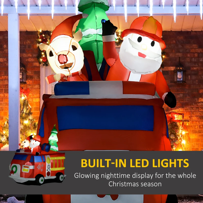 HOMCOM 7FT Christmas Inflatables Outdoor Decorations Santa Claus and Reindeer with Fire Truck, Blow-Up LED Yard Christmas Decor, Waterproof