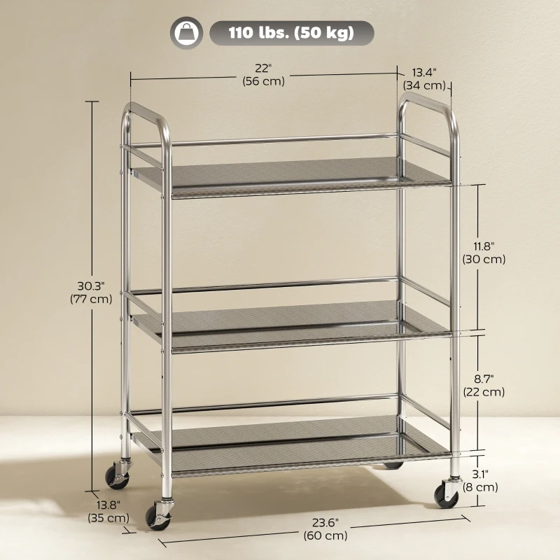 HOMCOM 3 Tier Stainless Steel Rolling Cart with Adjustable Shelf, Utility Cart on Wheels with Handles for Kitchen, Silver