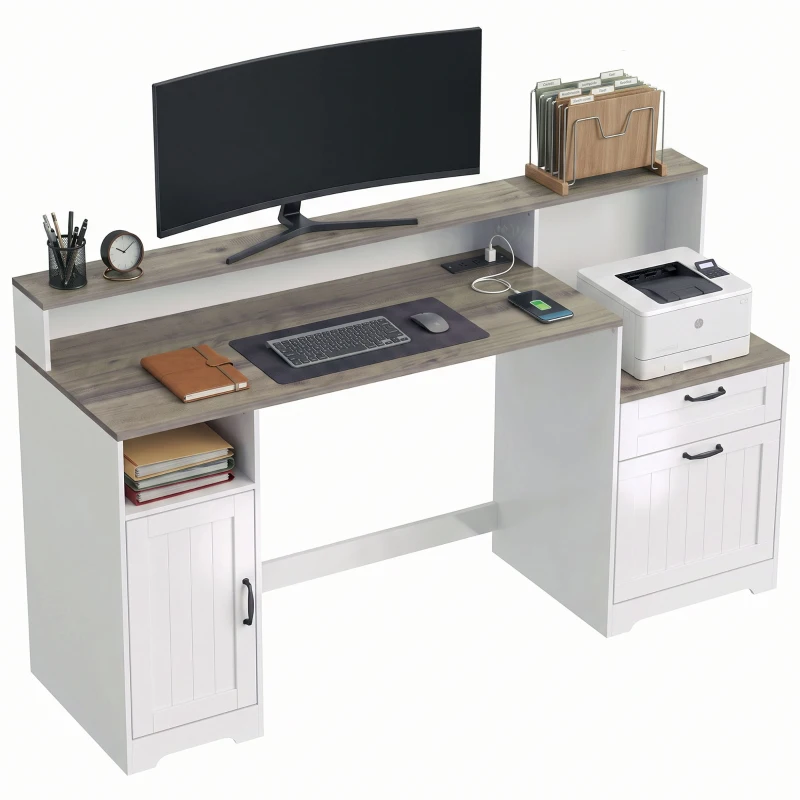 HOMCOM Computer Desk with Power Outlets Office Desk 1 Cabinet File Drawer Grey Brown White