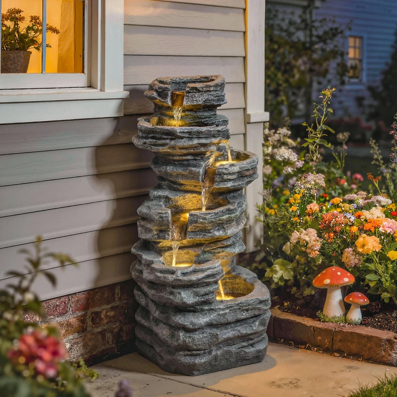 Outsunny Outdoor 6-Tier Water Fountain, Waterfall Fountain with LED Lights, Resin Waterfall Feature with Pump, Grey