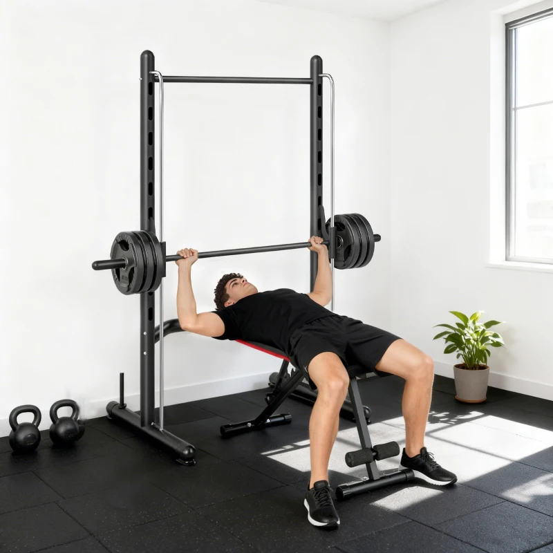 Soozier Squat Rack with Pull Up Bar and Barbell Bar Adjustable Bench Press Multi-Function Weight Lifting Half Rack Black