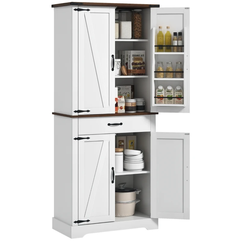 HOMCOM 71" Tall Kitchen Cabinet, Farmhouse Pantry Cabinet w/ Barn Doors, 6 Shelves w/ 2 Doors, Drawer and Adjustable Shelves, White