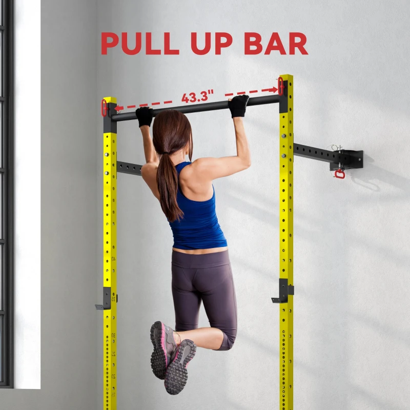 Soozier Folding Squat Rack with Pull Up Bar, Wall Mounted and Adjustable, 1000 Pounds Capacity Power Rack, Yellow