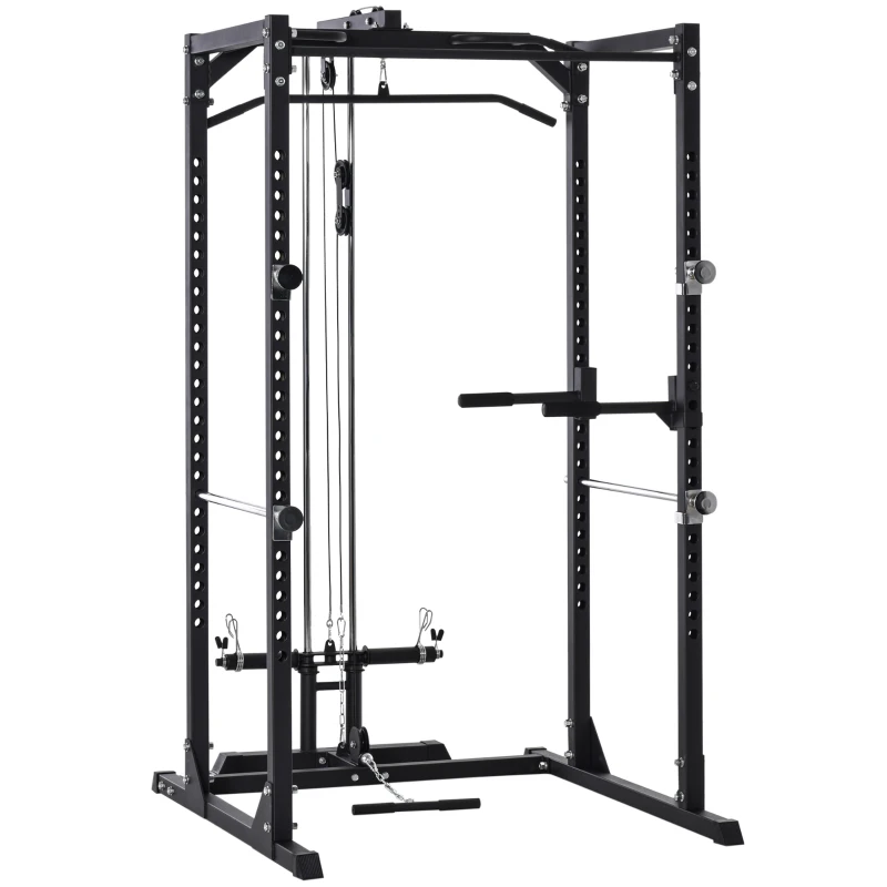 Soozier Multi-Functional Power Tower Dip Station Pull Up Bar Lat Pull Down Machine, Power Cage Fitness Equipment for Home Gym, Weightlifting Barbell Squat Rack, Dip Workout Station