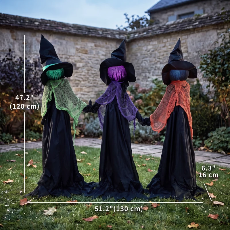HOMCOM 48" Holding Hands Witch Trio Stake Halloween Yard Decoration, Halloween Witch Decor with Multicolored Light-Up Heads