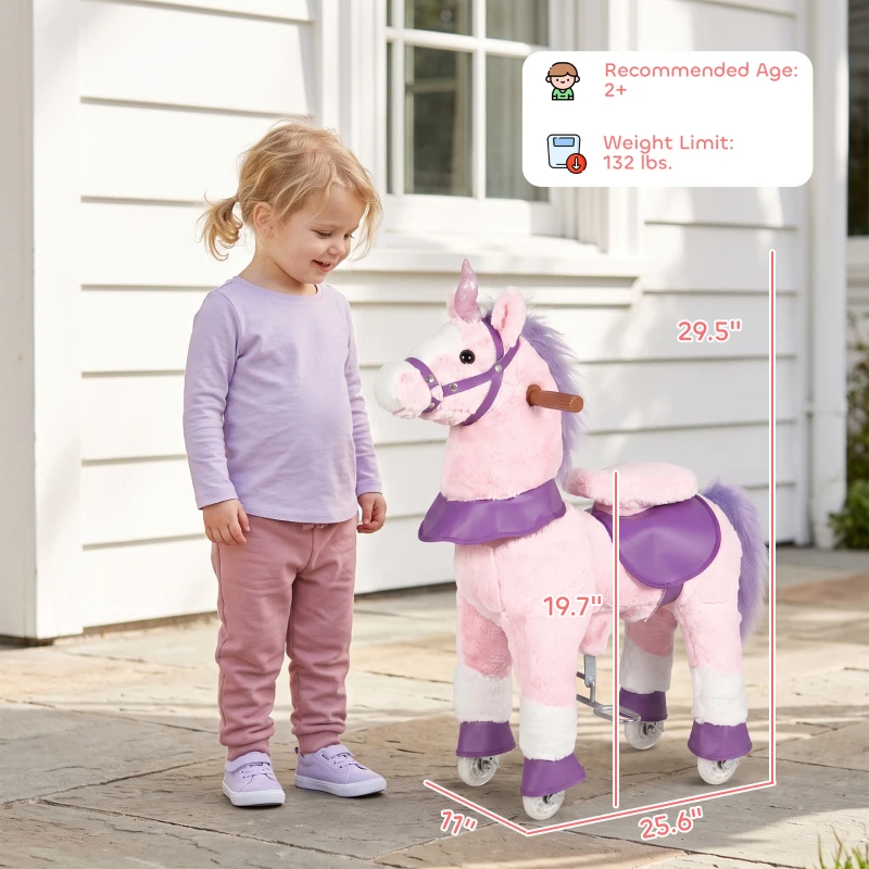 Qaba Ride on Horse for Kids 2+ Years, 29.5" Height Plush Ride On Pony Riding Horse with Rotatable Head and Sounds, Pink