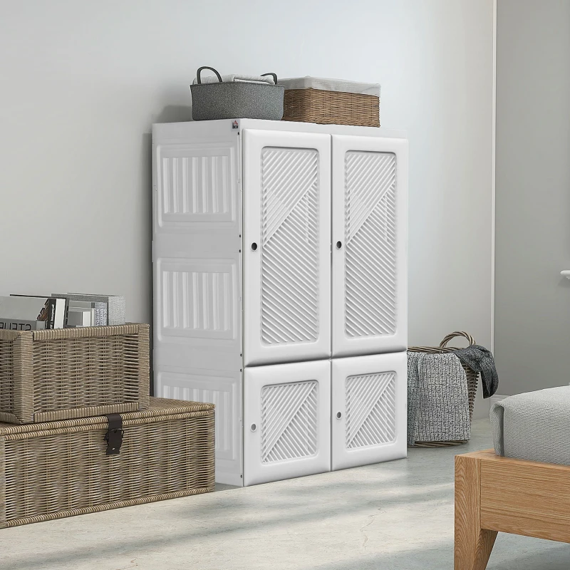 HOMCOM Portable Wardrobe, Foldable Clothes Storage Organizer with 3 Compartments, Hanging Rod, Magnet Doors, White