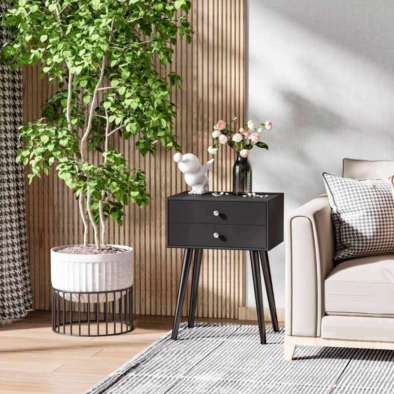 HOMCOM Side Table, Modern End Table with 2 Pull Out Drawers, Side Table with Display Tabletop and Solid Acacia Legs, Black