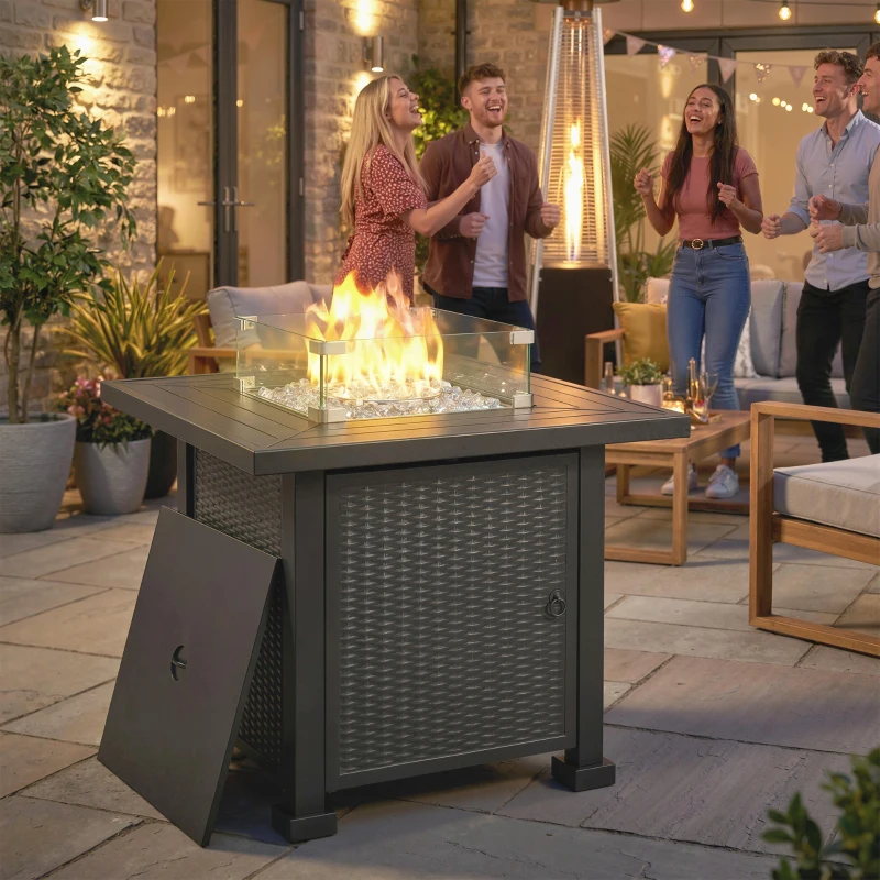 Outsunny 32" Propane Gas Fire Pit Table, 50,000 BTU Square Patio Table with Fire Pit, Wind Guard, Lid, CSA Certified, Black