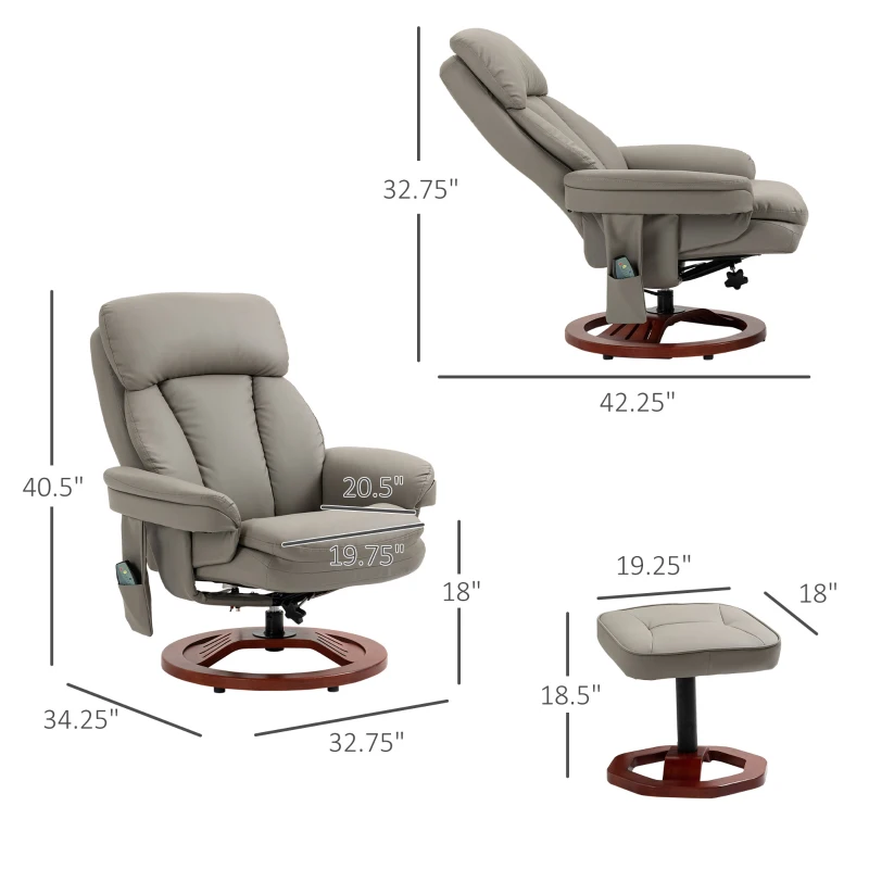 HOMCOM Recliner Chair with Ottoman, Electric Faux Leather Recliner with 10 Vibration Points and 5 Massage Mode, Swivel Reclining Chair with Wood Base, Remote Control and Side Pocket, Grey