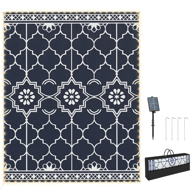 Outsunny Reversible Outdoor Rug Carpet with LED Lights, 10' x 8' PP Straw Rug with Carry Bag and Ground Stakes