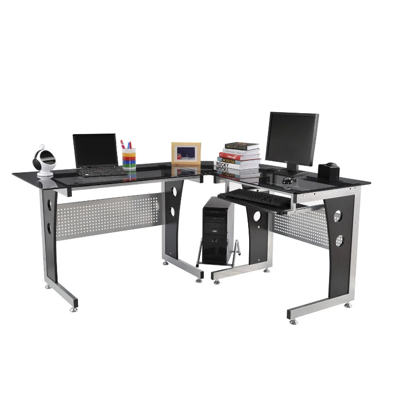 HomCom 65" Modern Corner L-Shaped Glass Top Computer Desk With Keyboard Tray