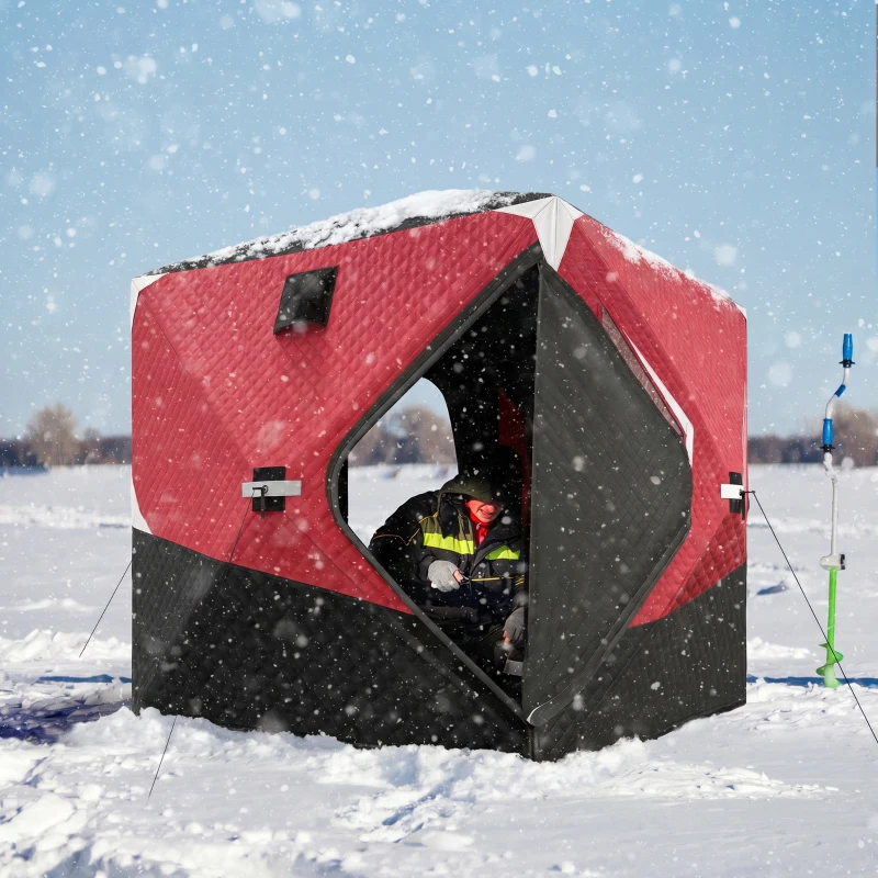 Outsunny Insulated Pop-Up Ice Fishing Tent, 3-4 Person Portable Hub Style Ice Fishing Shelter with Double Zipper Doors