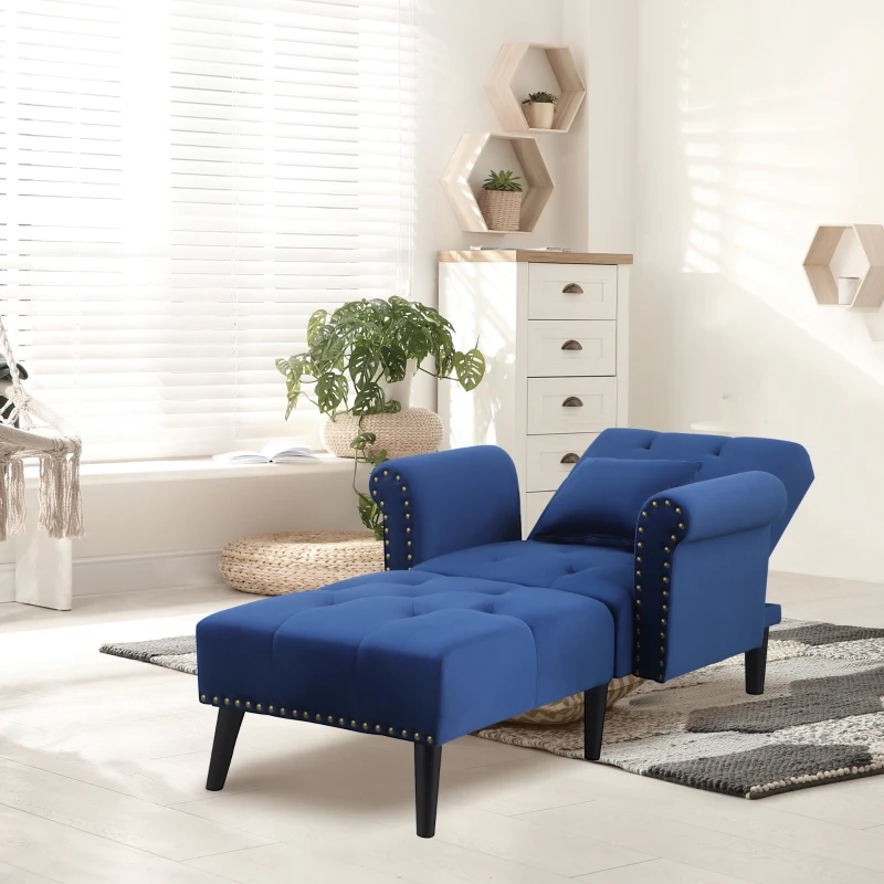 HOMCOM 2-In-1 Chaise Lounge Indoor with Rolled Armrest, Nailhead Trim and Button Tufting, Adjustable Velvet Fabric Upholstered Sofa for Bedroom and Living Room, Blue