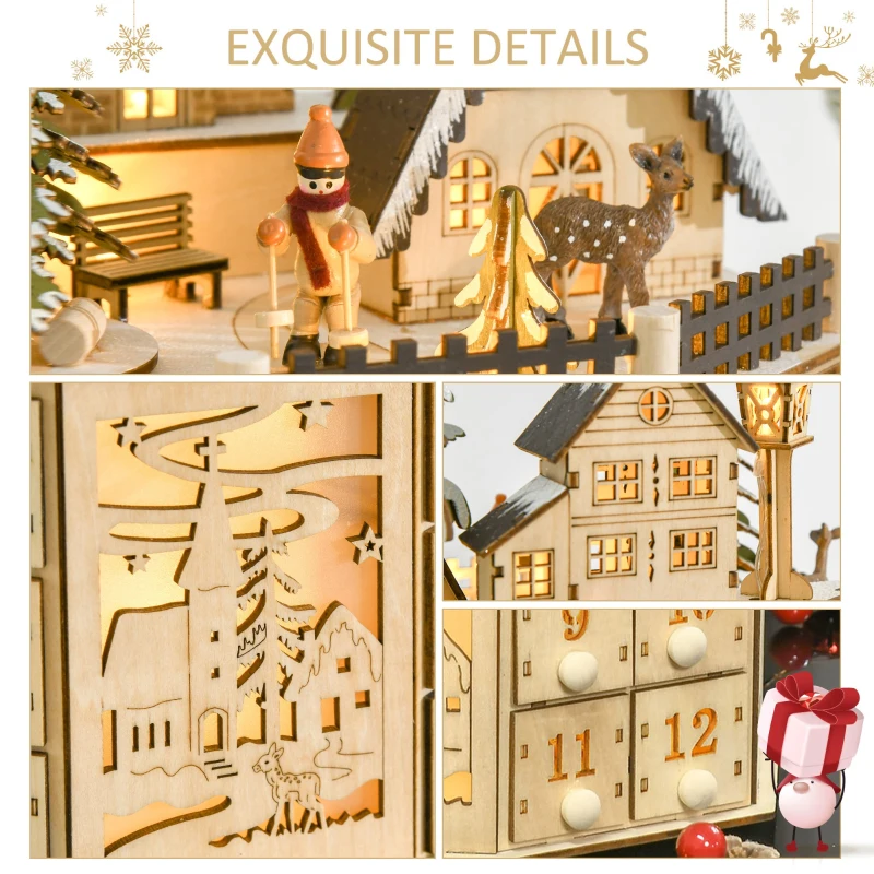 HOMCOM Wooden Christmas Advent Calendar, Lighted 24 Days Countdown to Christmas Table Decoration with Drawers for Kids and Adults, Battery Operated, Natural