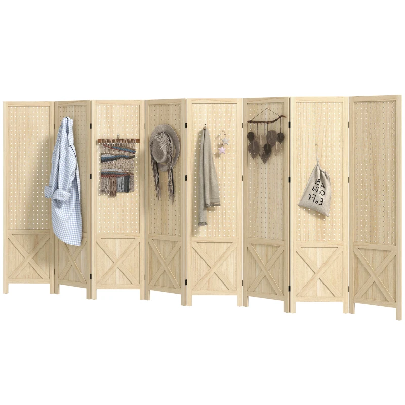 HOMCOM Wooden Room Divider with Pegboard Display, 8 Panel Folding Privacy Screen for Home Office, Natural Wood