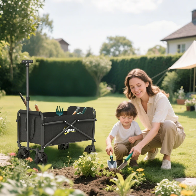 Outsunny Small Collapsible Folding Garden Cart, Heavy Duty Lawn Wagon with Universal Wheels and Adjustable Handle, Black