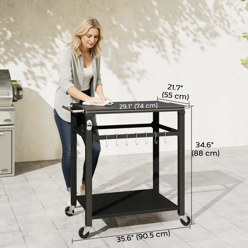 Outsunny Outdoor Grill Cart, Pizza Oven Stand with Steel Top, 2-Tier Kitchen Prep Station with Hooks, Handle, Wheels, Black