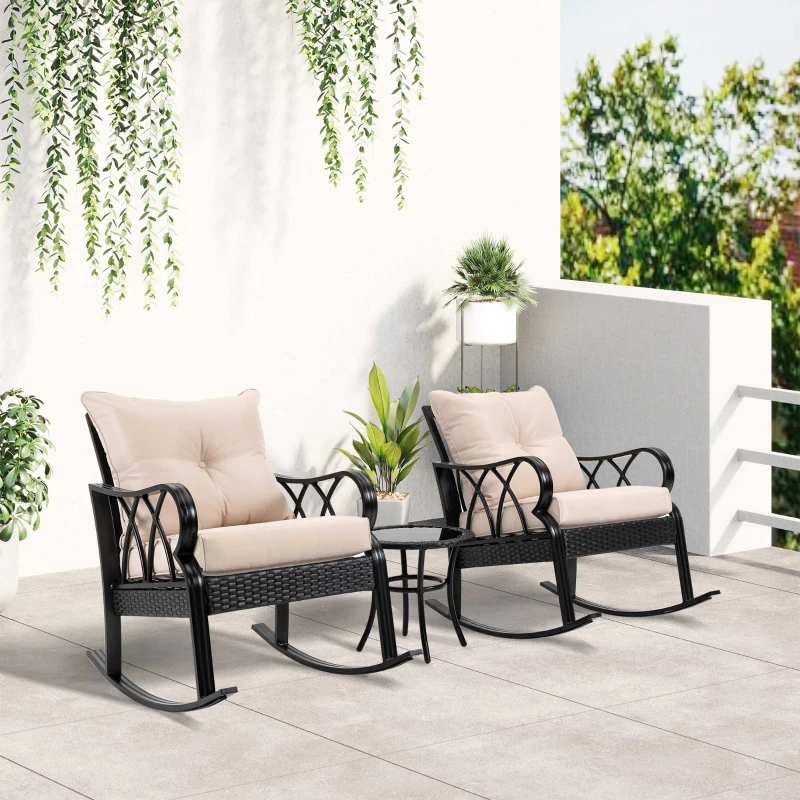 Outsunny 3-Piece Rocking Chair Bistro Set, Wicker Conversation Set, Rattan Furniture Set with Tempered Glass Side Table, Khaki