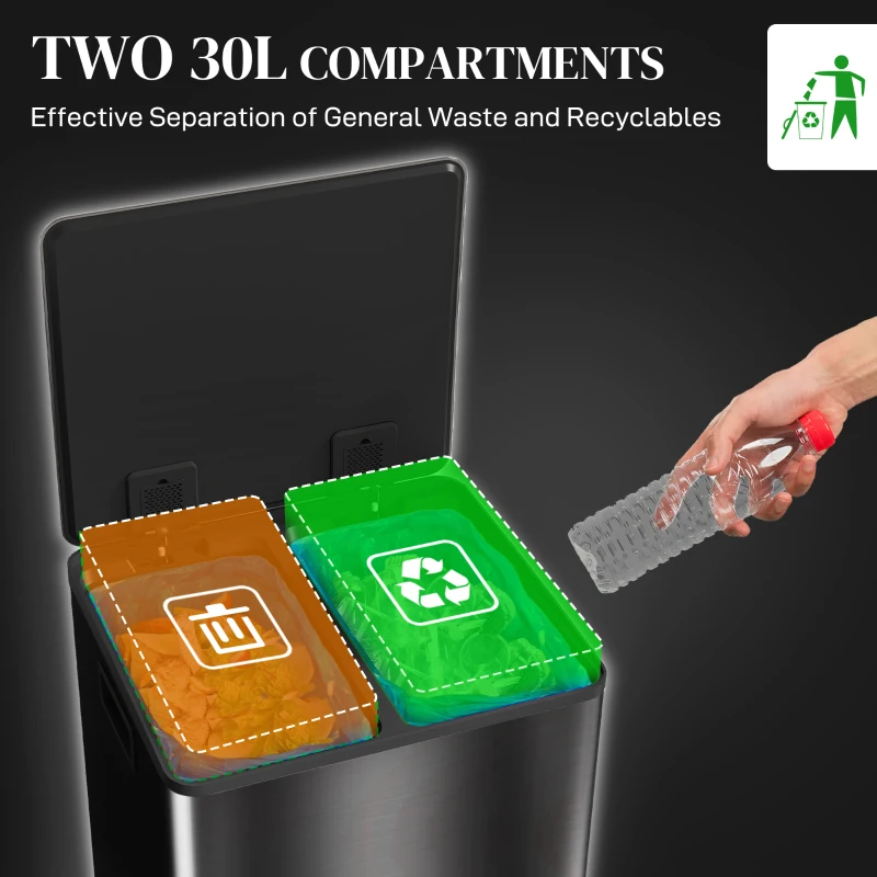 HOMCOM 2 x 30L / 7.9 Gallon Dual Trash Can with Removable Inner Buckets and Handles for Kitchen, Office, High-Gloss Black