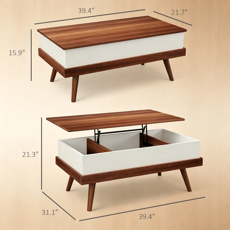HOMCOM Lift Top Coffee Table with Hidden Compartments and Wood Legs, Walnut