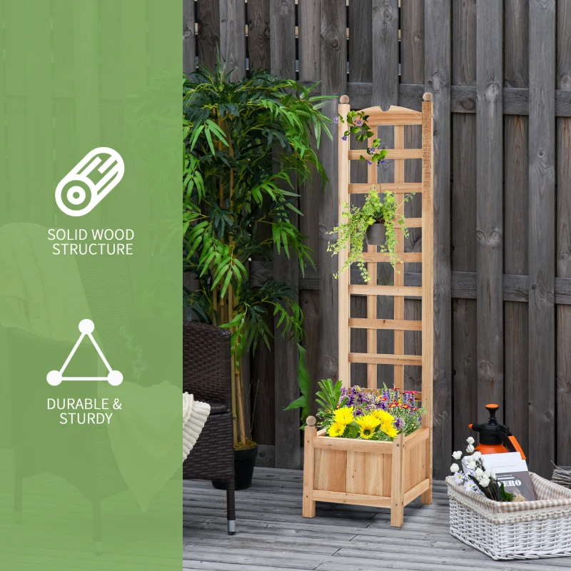 Outsunny Wooden Raised Garden Bed with Trellis, Outdoor Planter Box with Drainage Crevices for Climbing Vine Plants Flowers