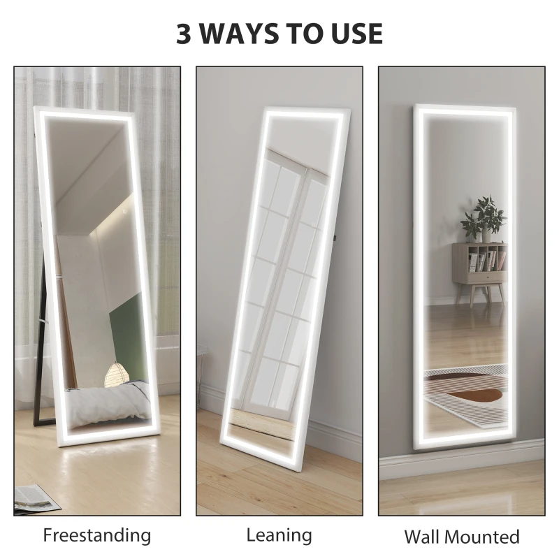 HOMCOM LED Mirror with Dimmable and 3 Colour Lights, 64" x 21" Rectangular Full Body Mirror for Bedroom Living Room, White