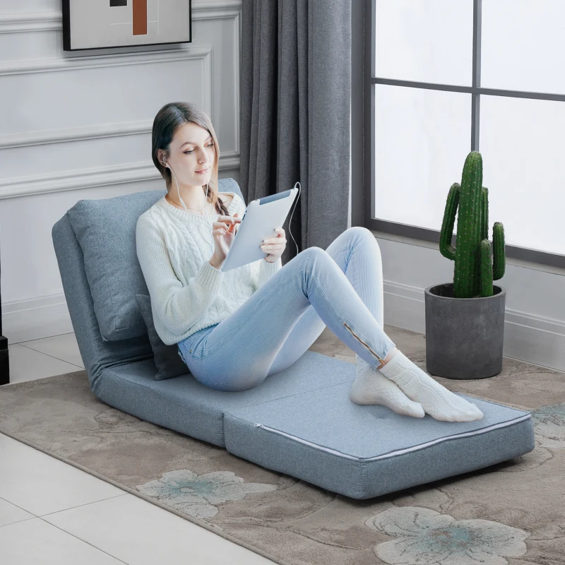 HOMCOM Folding Sofa Bed, Convertible Sleeper Chair with Adjustable Backrest, Metal Frame and Pillow, Upholstered Chair Bed Floor Sofa for Living Room Bedroom, Blue