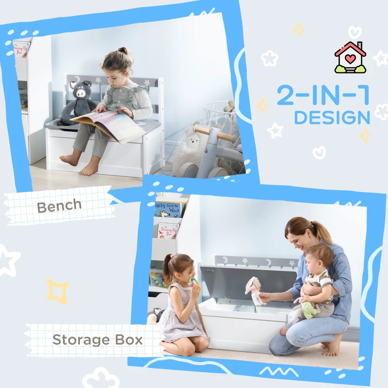 Qaba Kids Toy Box Storage Chest with Lid and Safety Hinge, Kids Storage Bench Seat with Backrest for Toddler, Grey