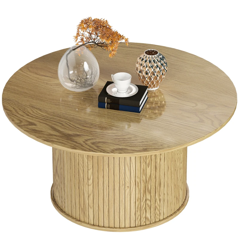HOMCOM 31.5" Round Coffee Table, Nordic Style Center Table with Fluted Cylindrical Base for Living Room, Oak