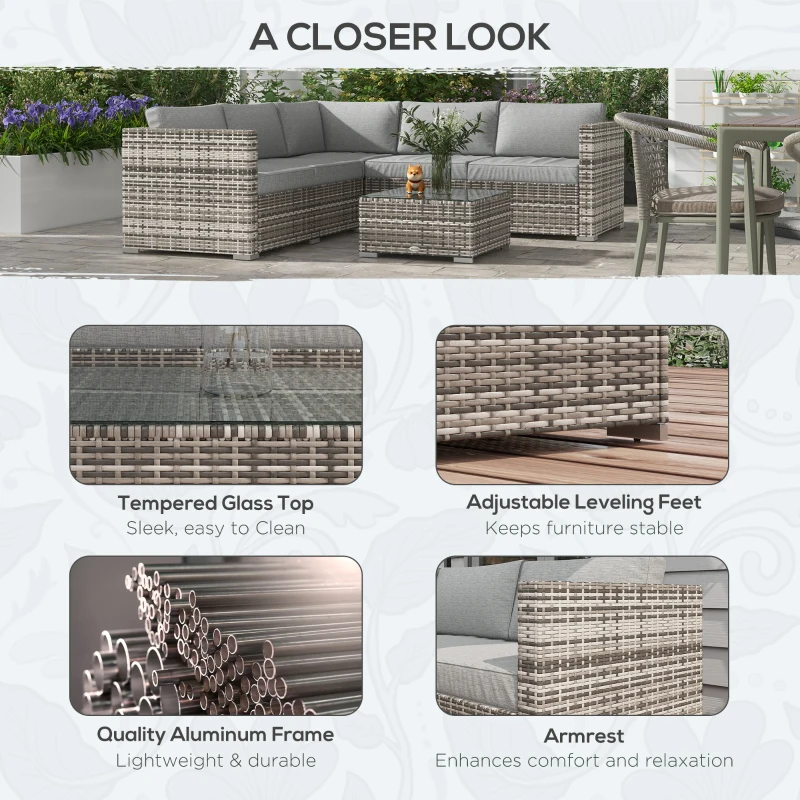 Outsunny 4 Pieces Rattan Wicker Outdoor Conversation Furniture Set w/ Corner Sofa Loveseats Coffee Table Cushions, Mixed Grey