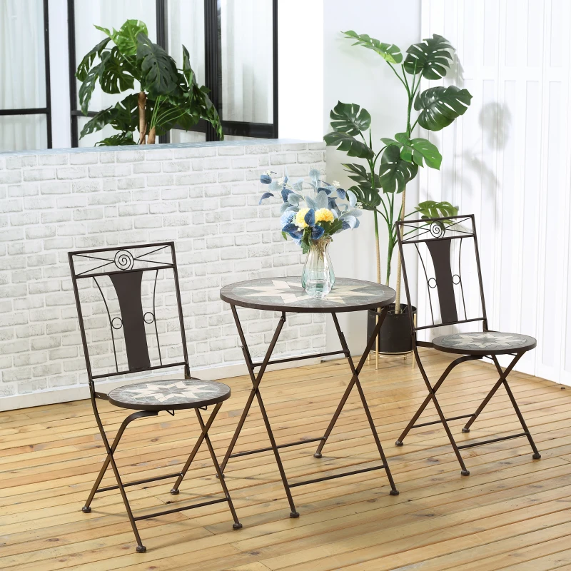 Outsunny 3 Piece Patio Bistro Set, Mosaic Pattern Metal Folding Chairs, Foldable Outdoor Dining Table for Decor, Garden, Poolside, Porch, Brown