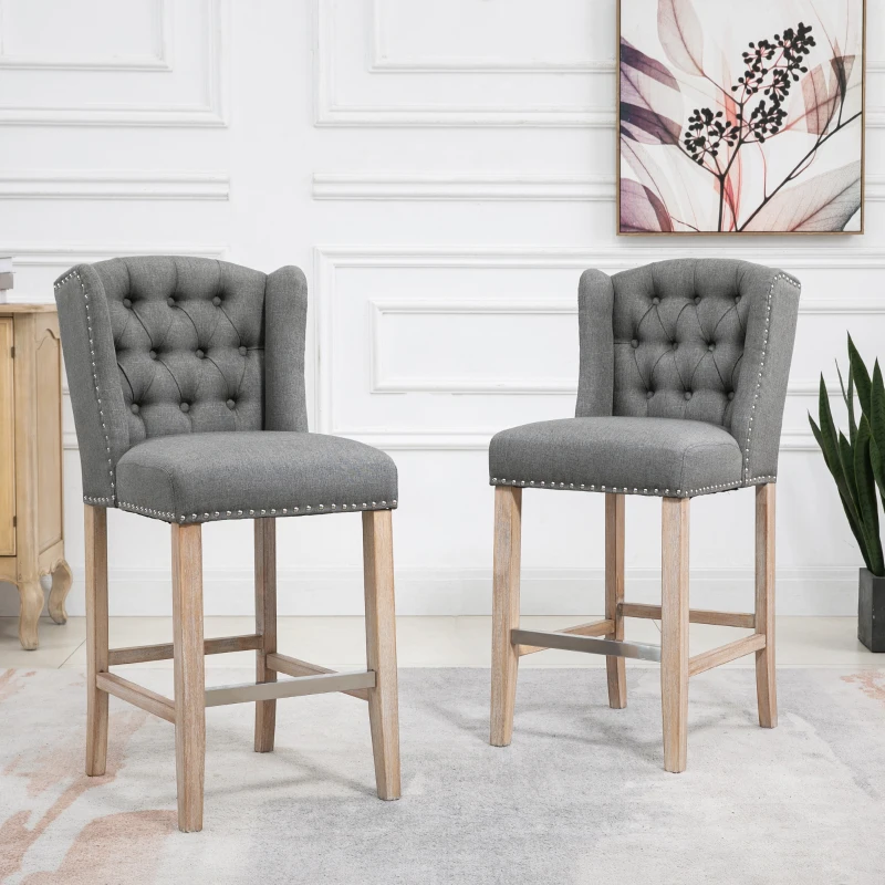 HOMCOM Counter Height Bar Stools Set of 2, 27" Seat Height Upholstered Barstools, Farmhouse Kitchen Island Stools with Nailhead-Trim, Tufted Back and Wooden Legs, Light Gray
