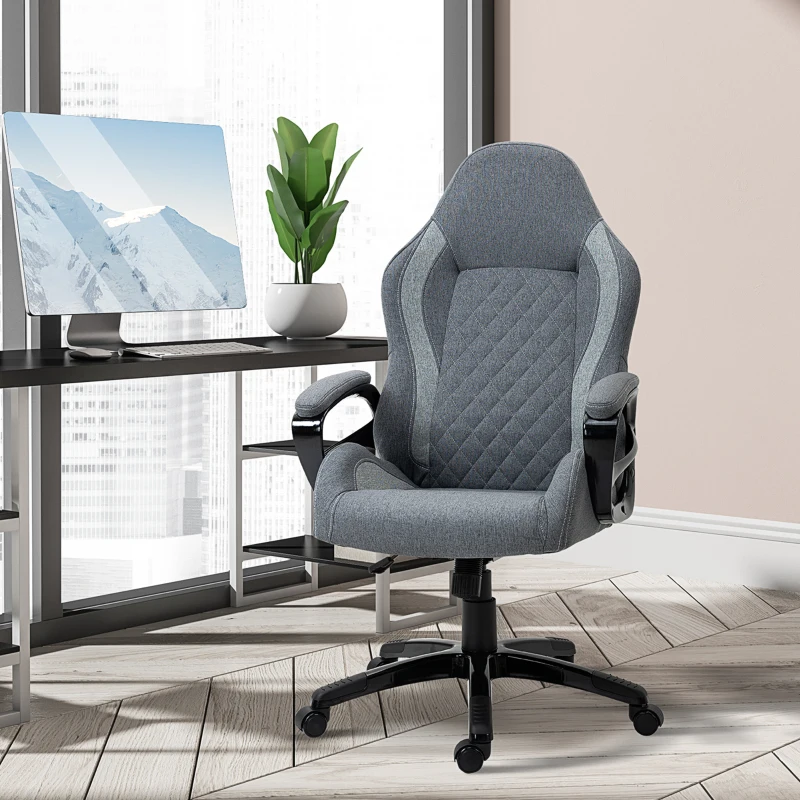 Vinsetto Ergonomic Home Office Chair High Back Task Computer Desk Chair with Padded Armrests, Linen Fabric, Swivel Wheels, and Adjustable Height, Grey