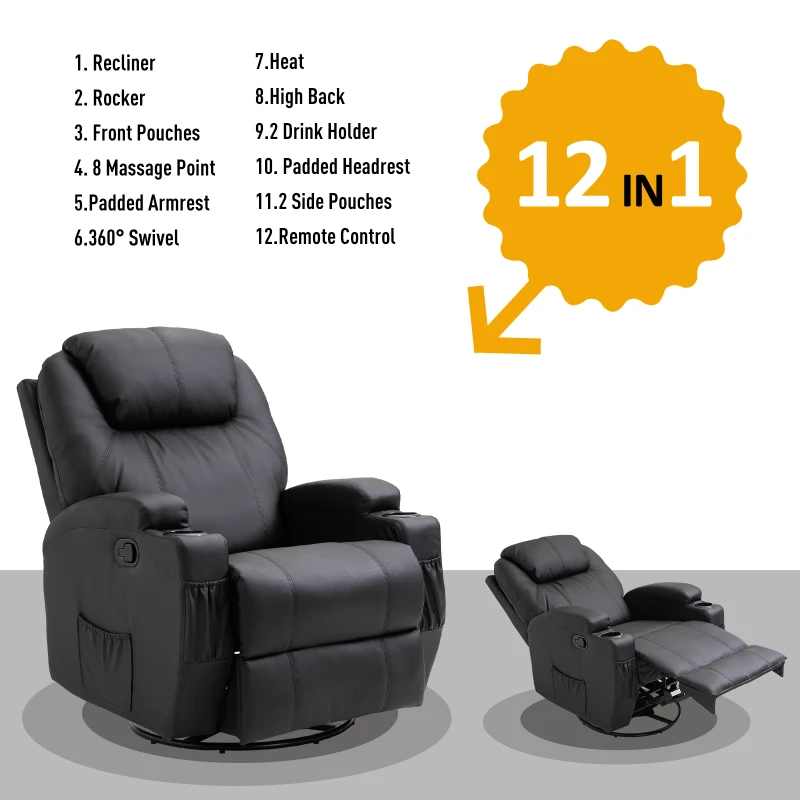 HOMCOM Faux Leather Heated Massage Recliner Chair with Remote - Black