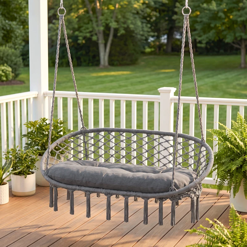 Outsunny Patio Hammock Chair 2 Seat, Hanging Rope Hammock Swing Chair with Metal Frame and Cushion, Large Macrame Seat for Indoor and Outdoor 396 lbs Capacity, Dark Grey