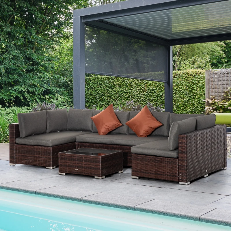 Outsunny 4-Piece Patio Furniture Sets Outdoor Wicker Conversation Set PE Rattan Sectional sofa set with Tempered Glass Coffee Table and Cushions for Backyard and Garden, Brown
