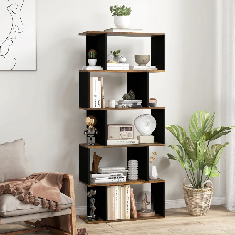 HOMCOM 5-Tier Bookshelf, Geometric S Shaped Bookcase, Tall Narrow Display Shelf for for Living Room, Study Room, Rustic Brown