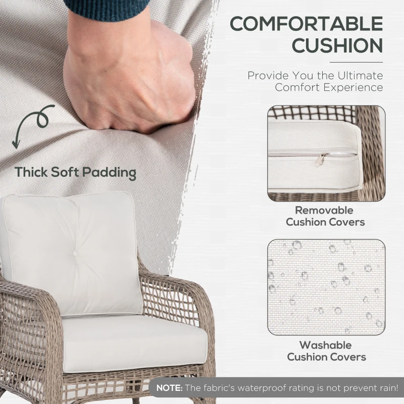 Outsunny 4pc Outdoor Patio Furniture Set, 2 Rattan Chairs, 1 PE Wicker Loveseat Sofa, 1 Center Coffee Table w/ Tempered Glass Table-Top, Soft Cushions for Garden, Cream White