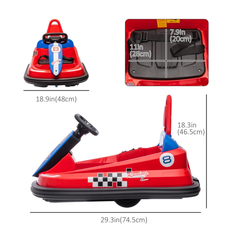 Aosom Kids Bumper Car, 6V 360° Rotation Electric Ride on Car, Twin Motors Battery Powered Toy with Music, Horn and Lights, Safety Belt, for Boys and Girls Aged 18-48 Months - Red