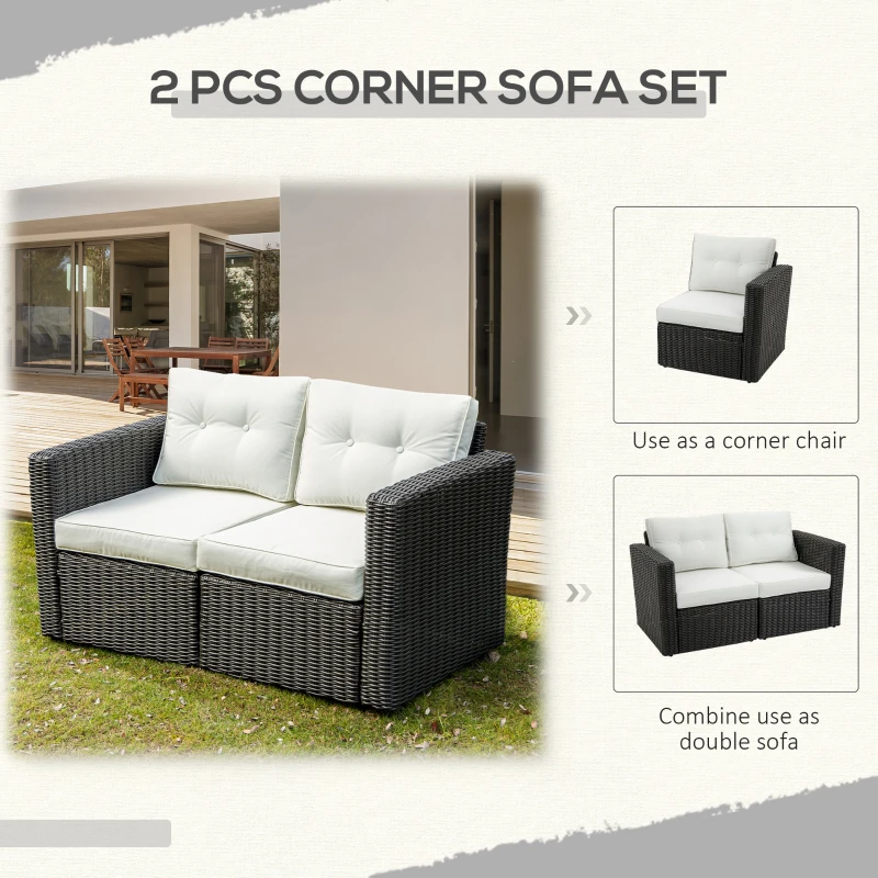 Outsunny 2 Piece Patio Wicker Corner Sofa Set, Outdoor PE Rattan Furniture, with Curved Armrests and Padded Cushions for Balcony, Garden, or Lawn, Beige