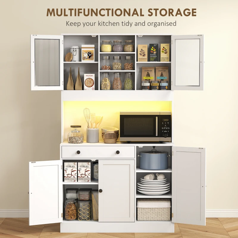 HOMCOM Tall Kitchen Pantry with LED Light, Freestanding Storage Cabinet with Hutch, Shelves, Drawer, Doors, White