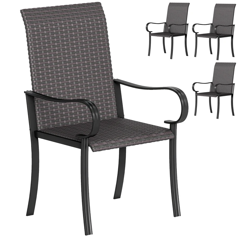 Outsunny Set of 4 Outdoor Wicker Dining Chairs with Armrest, Steel Frame, Highback and Deep Seating, Brown