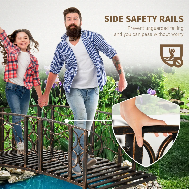 Outsunny 6' Metal Arch Backyard Garden Bridge with 660 lbs. Weight Capacity, Safety Siderails, Vine Motifs, Easy Assembly, Brown
