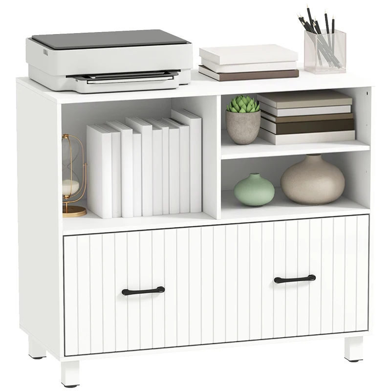 HOMCOM Lateral Office Filing Cabinet, 1-Drawer File Cabinet with Open Storage Shelves, Adjustable Hanging Bars, White