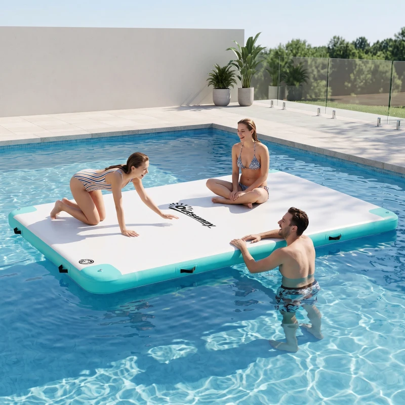 Outsunny 10' x 7' Water Floating Dock, Rafting Inflatable Island with Air Pump and Backpack for Pool, Beach, Ocean, Blue & Green